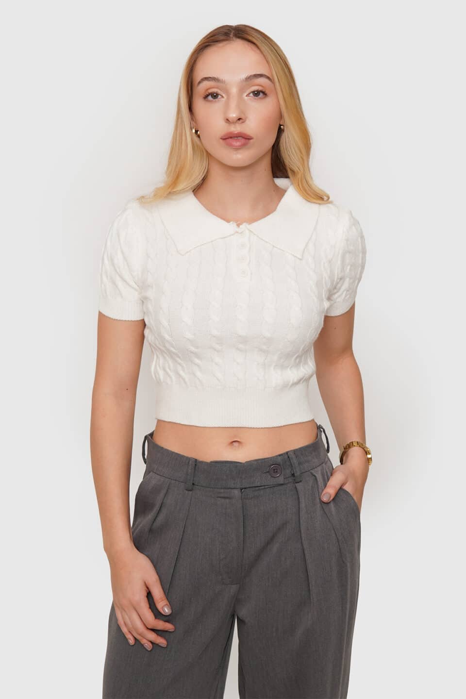 Chaleco Tejido Cuello Camisero Manga Corta