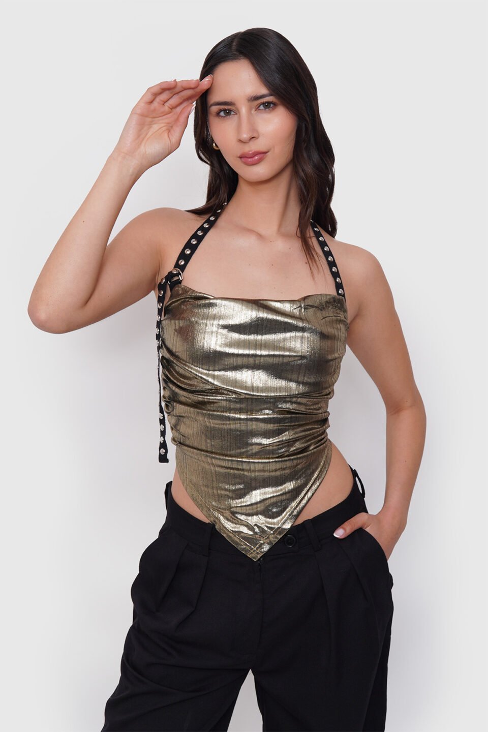 Top Metalizado Drapeado con Tachas