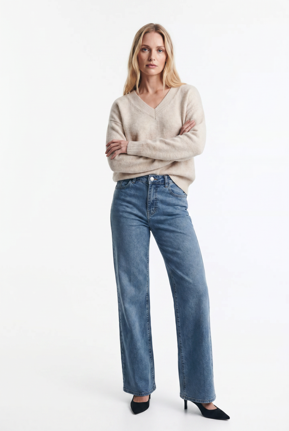 Jeans Wide Leg Elásticados de Tiro Alto